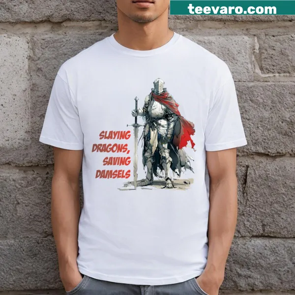 Illustrated T-shirt featuring a medieval knight slaying dragons