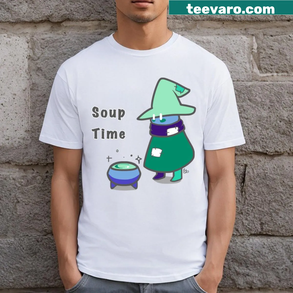Fun wizard-themed pride graphic T-shirt with soup and rainbow elements — on a men's t-shirt