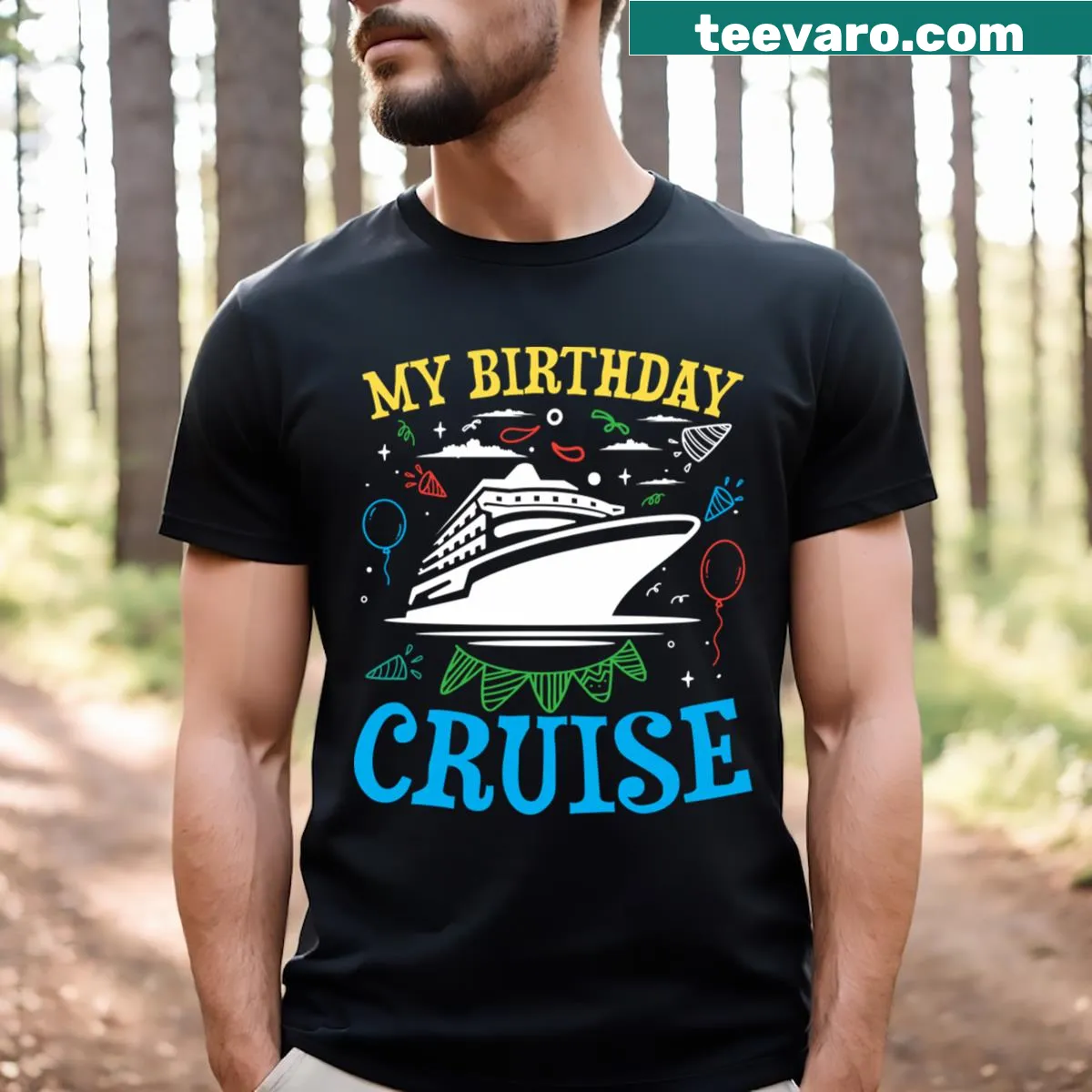 Playful birthday cruise themed graphic t-shirt. — on a men's t-shirt