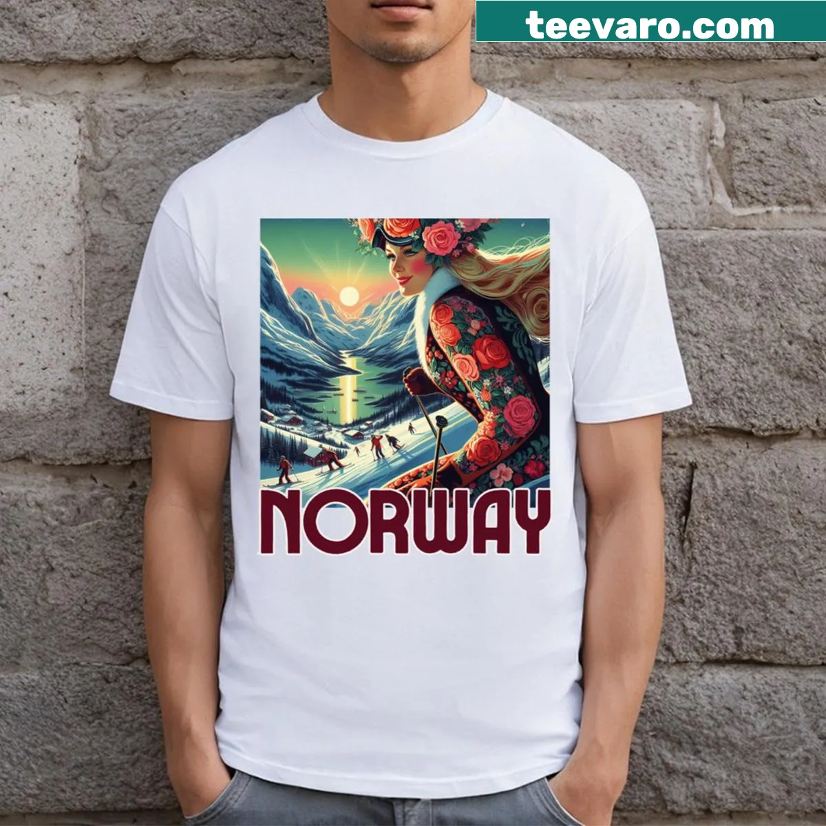 Vintage travel poster style Norway skiing T-shirt — on a men's t-shirt