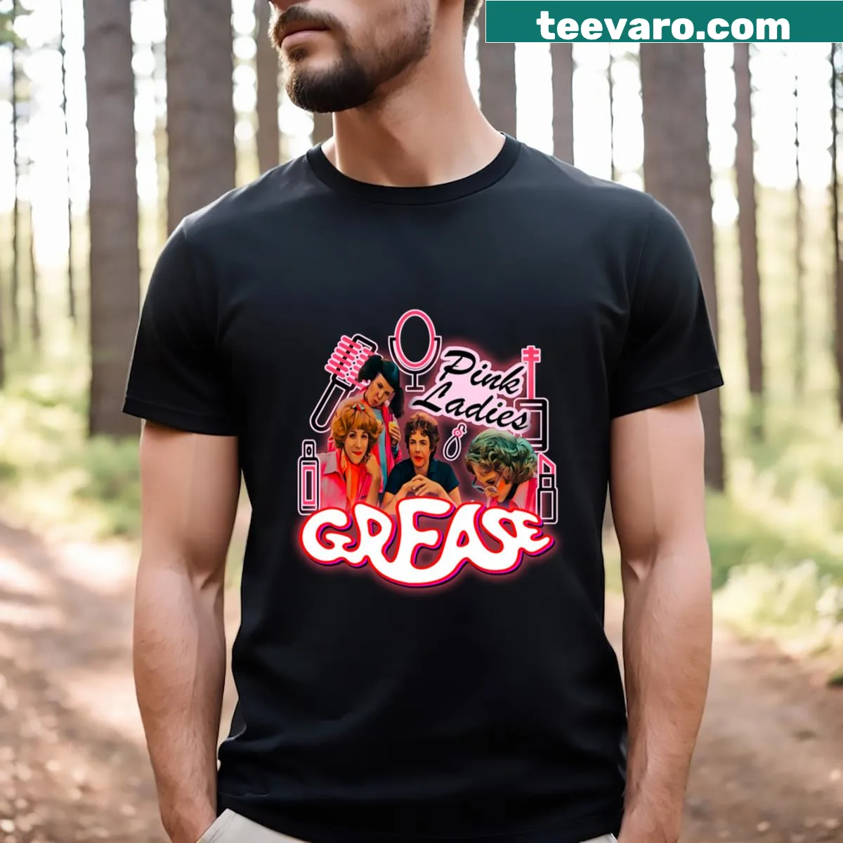 Vintage-styled Pink Ladies T-shirt inspired by Grease. — on a men's t-shirt