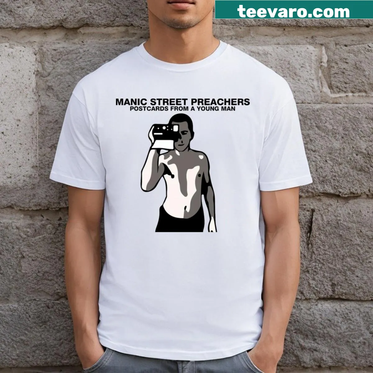 Postcard-themed T-shirt featuring iconic landmarks and travel imagery — on a men's t-shirt