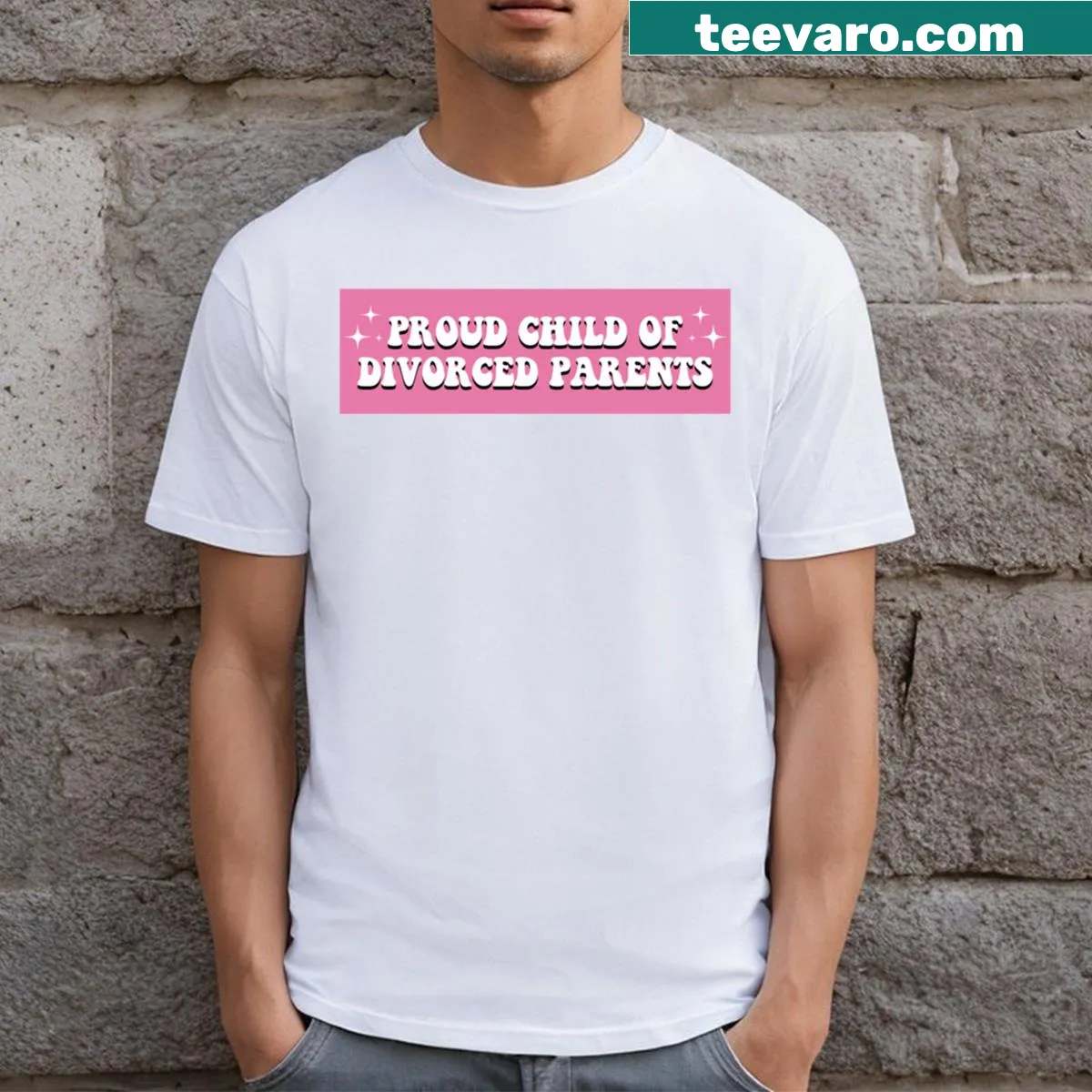 Funny T-shirt for children of divorced parents with bumper sticker-style text — on a men's t-shirt