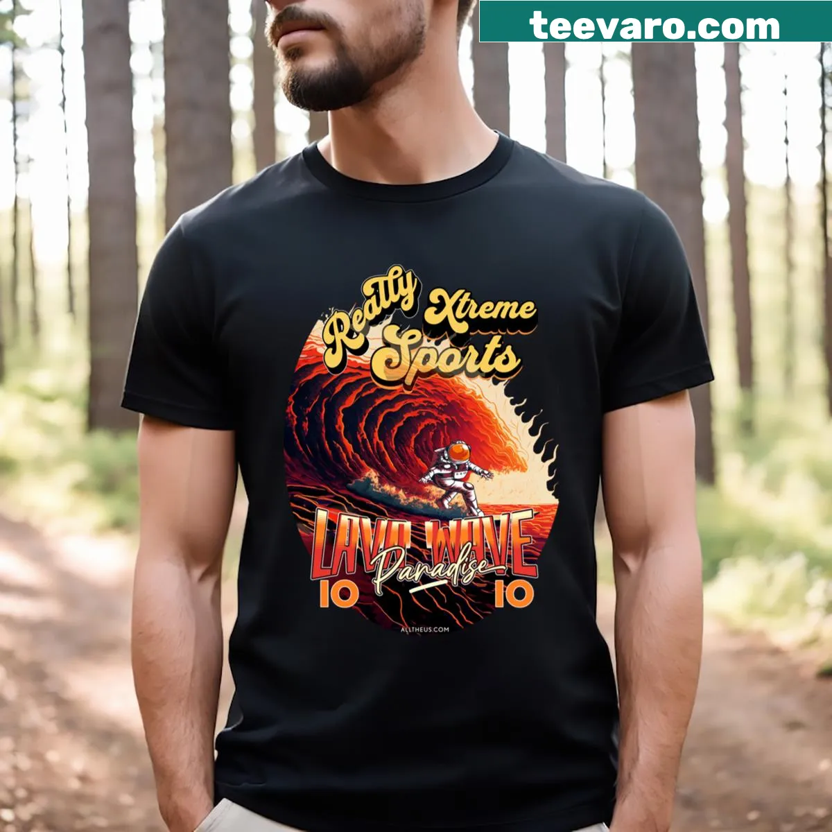 T-shirt depicting lava surfing on Io in a bold extreme sports design — on a men's t-shirt