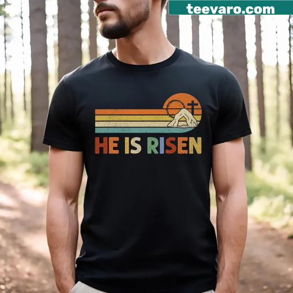 Retro-styled Easter T-shirt with 'He Is Risen' text