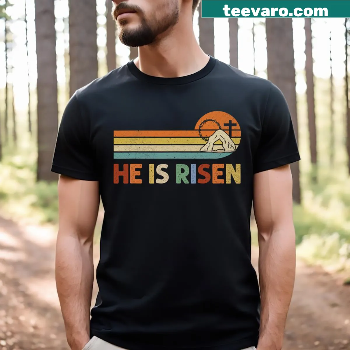Retro-styled Easter T-shirt with 'He Is Risen' text — on a men's t-shirt