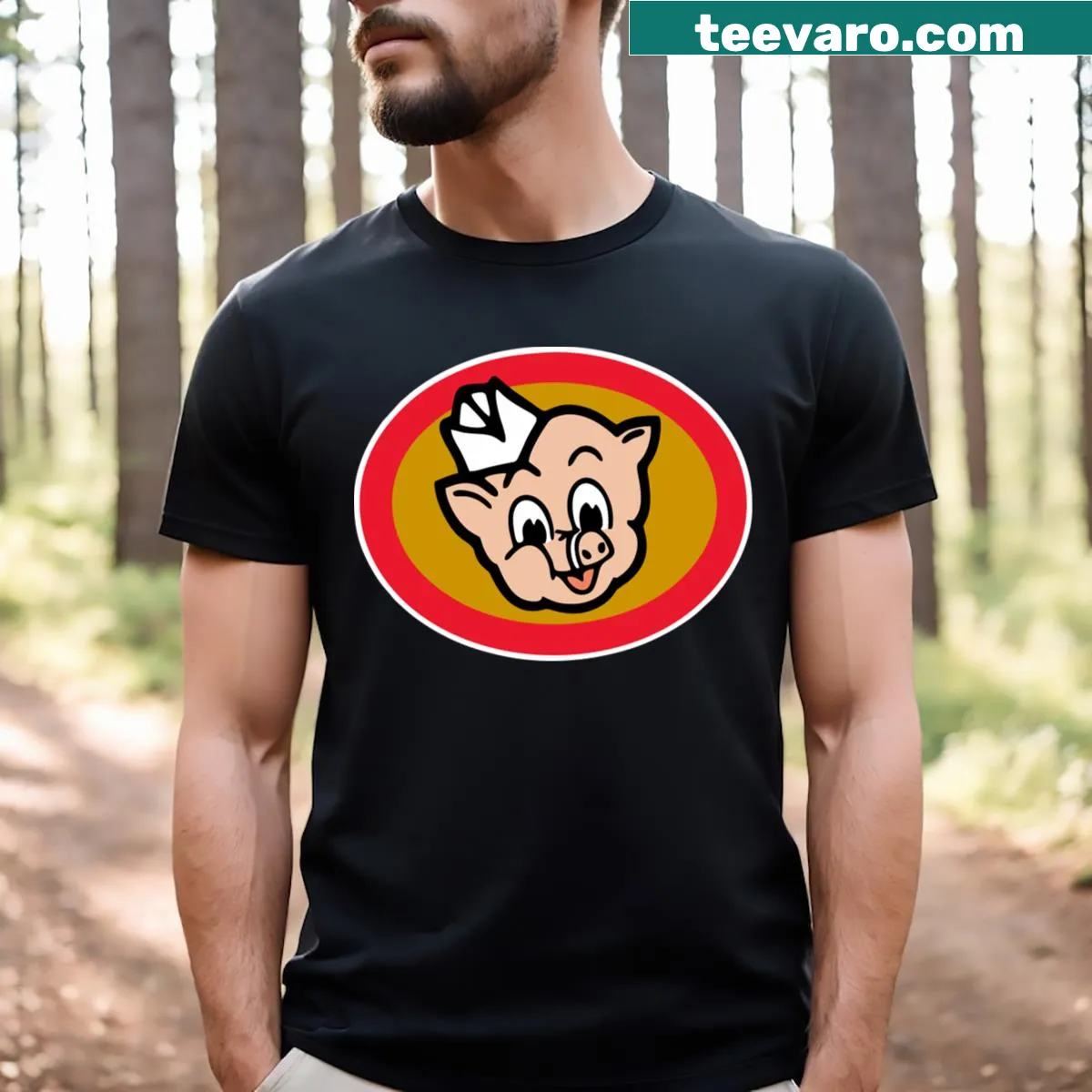Retro Piggy Wiggly T-shirt with playful grocery store graphics — on a men's t-shirt