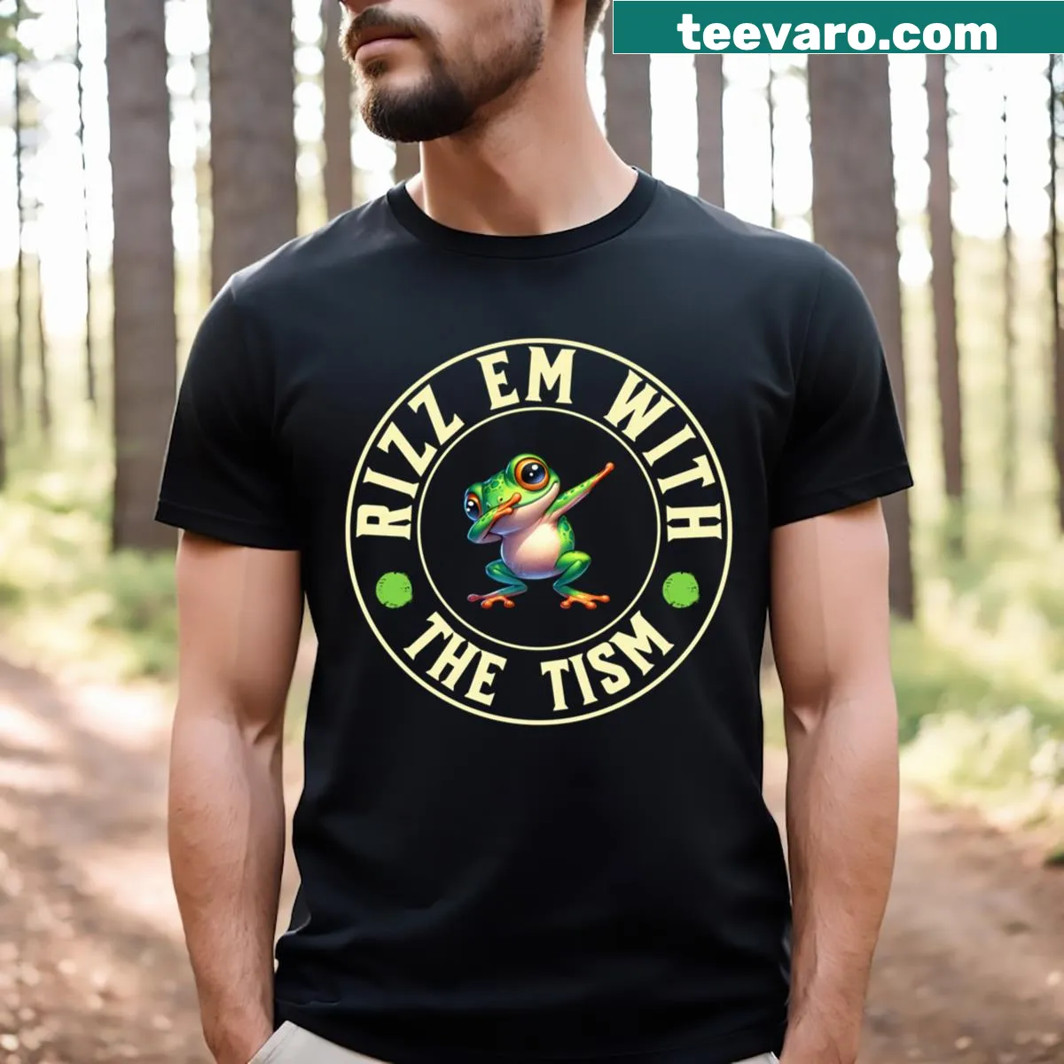 Funny Frog graphic on Rizz Em With The Tism T-shirt — on a men's t-shirt