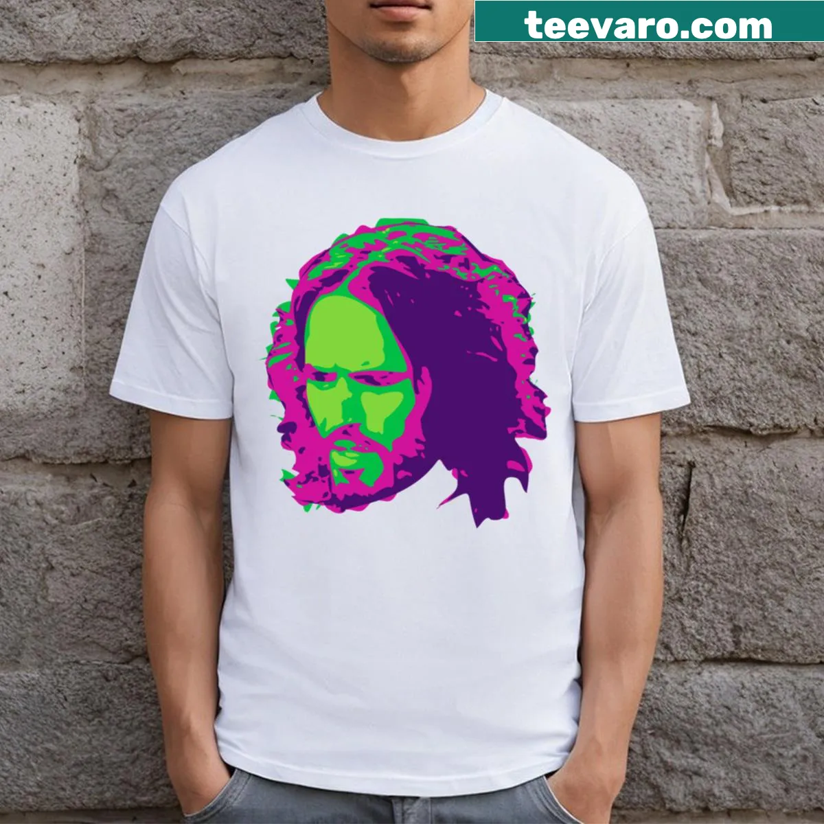 Caricature graphic t-shirt featuring Russell Brand — on a men's t-shirt