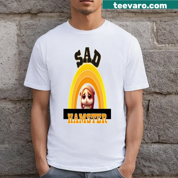Illustrative graphic t-shirt featuring a sad hamster