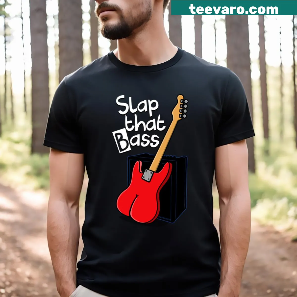 Funny bass guitar meme T-shirt for musicians — on a men's t-shirt
