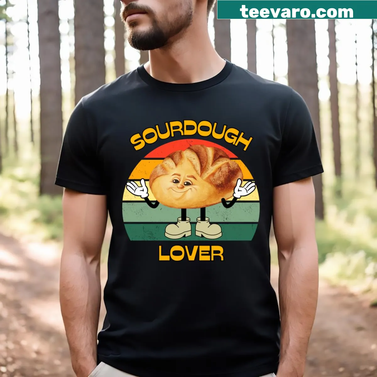 Retro-style Sourdough Lover T-shirt with baking-themed graphic — on a men's t-shirt
