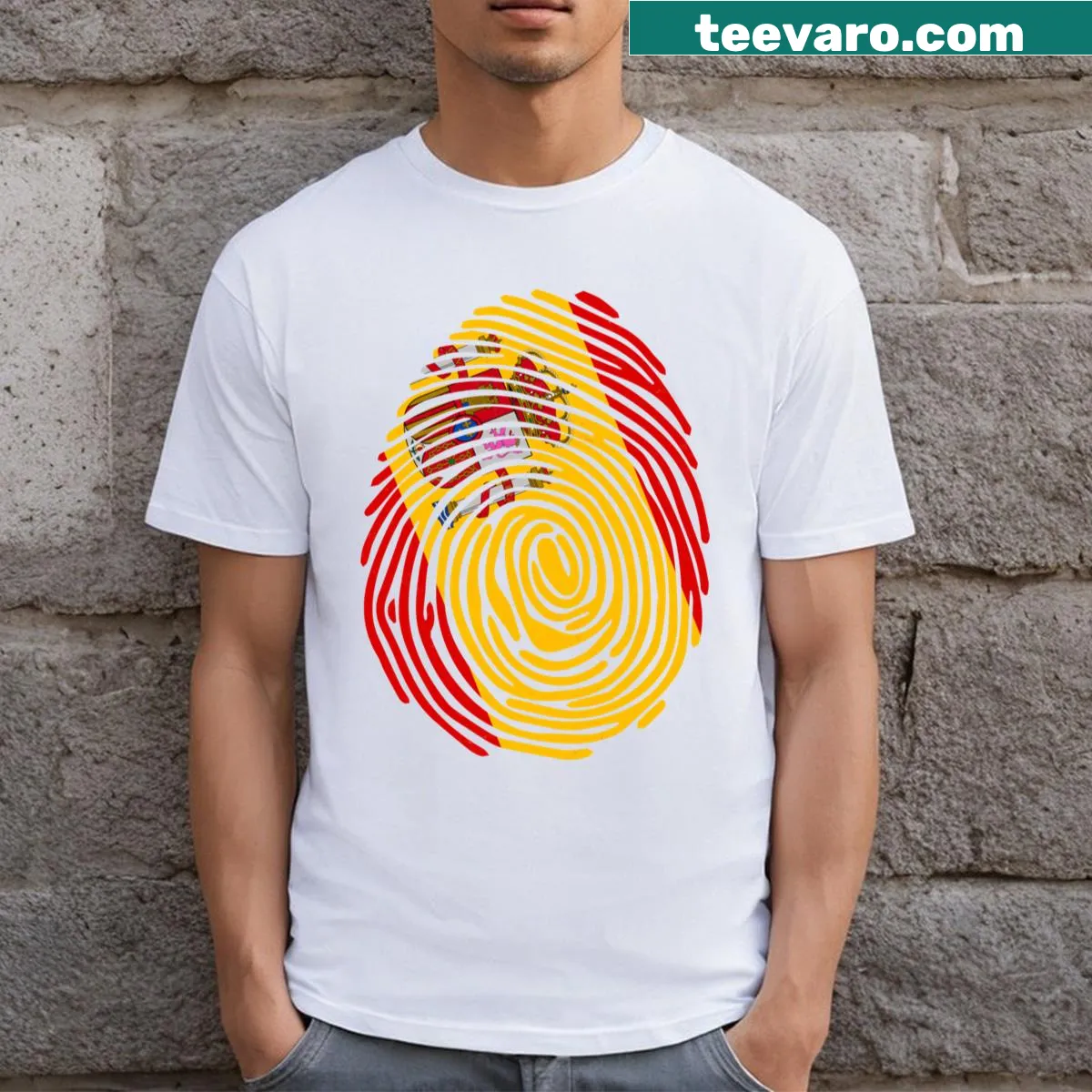 T-shirt featuring a unique fingerprint design symbolizing Spain — on a men's t-shirt