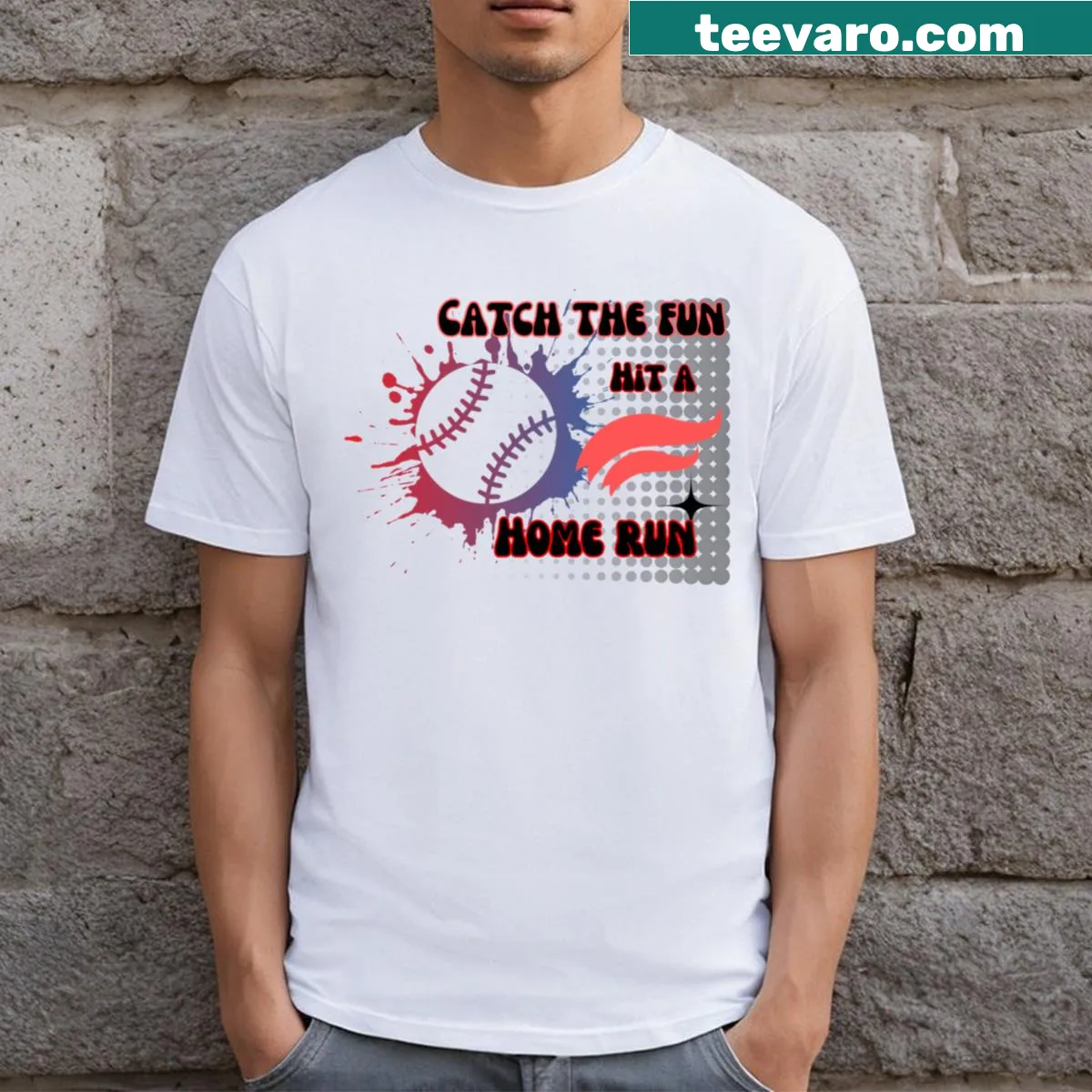 Cartoon-style baseball-themed T-shirt for enthusiasts — on a men's t-shirt