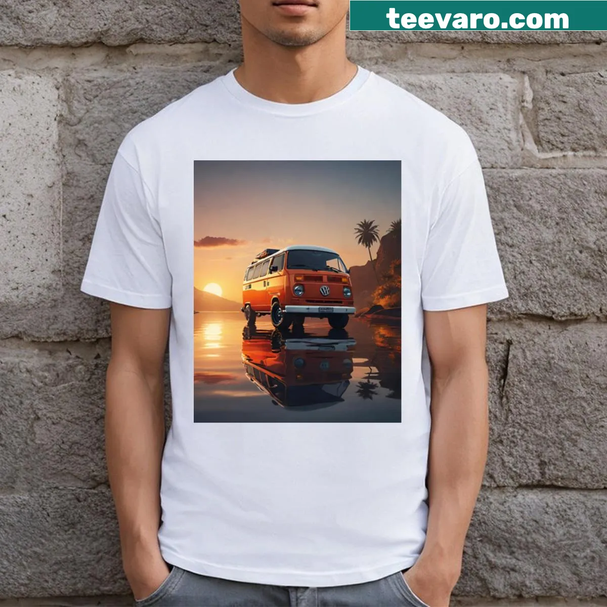 Realistic sports car in rainy sunset design on T-shirt — on a men's t-shirt