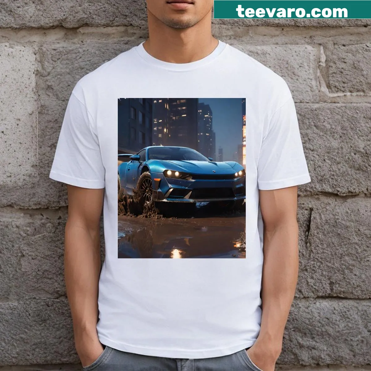Realistic sports car navigating through a rainy night scene — on a men's t-shirt