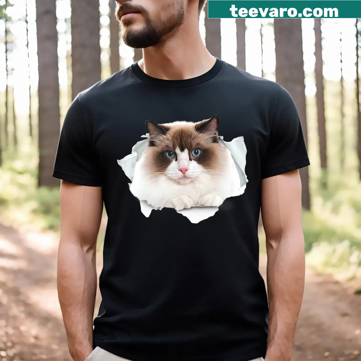 Illustrated kitten on a torn cloth design for Cat Moms — on a men's t-shirt