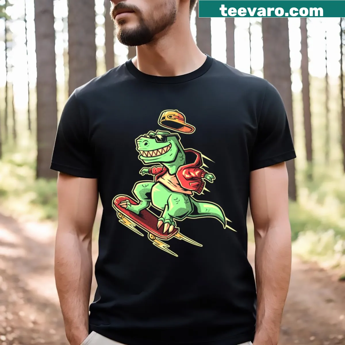 Cartoon T-Rex design for a playful T-shirt — on a men's t-shirt