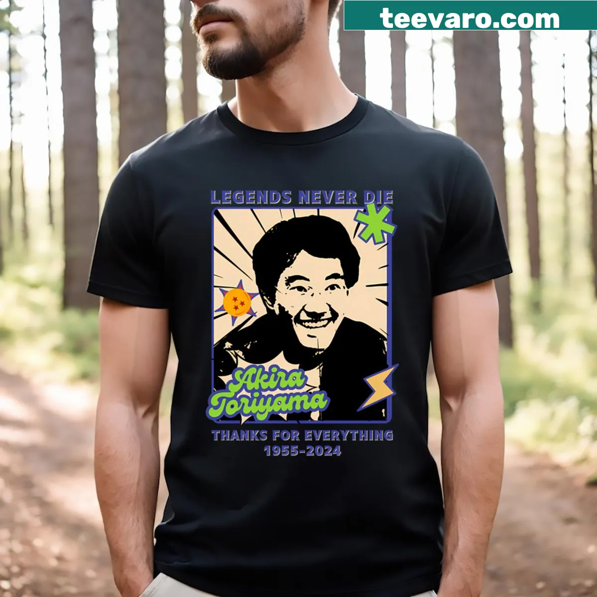 Essential t-shirt featuring a tribute to Toriyama in typography. — on a men's t-shirt