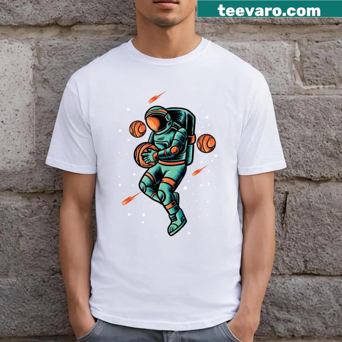 Illustrated tee featuring an astronaut in space — on a men's t-shirt