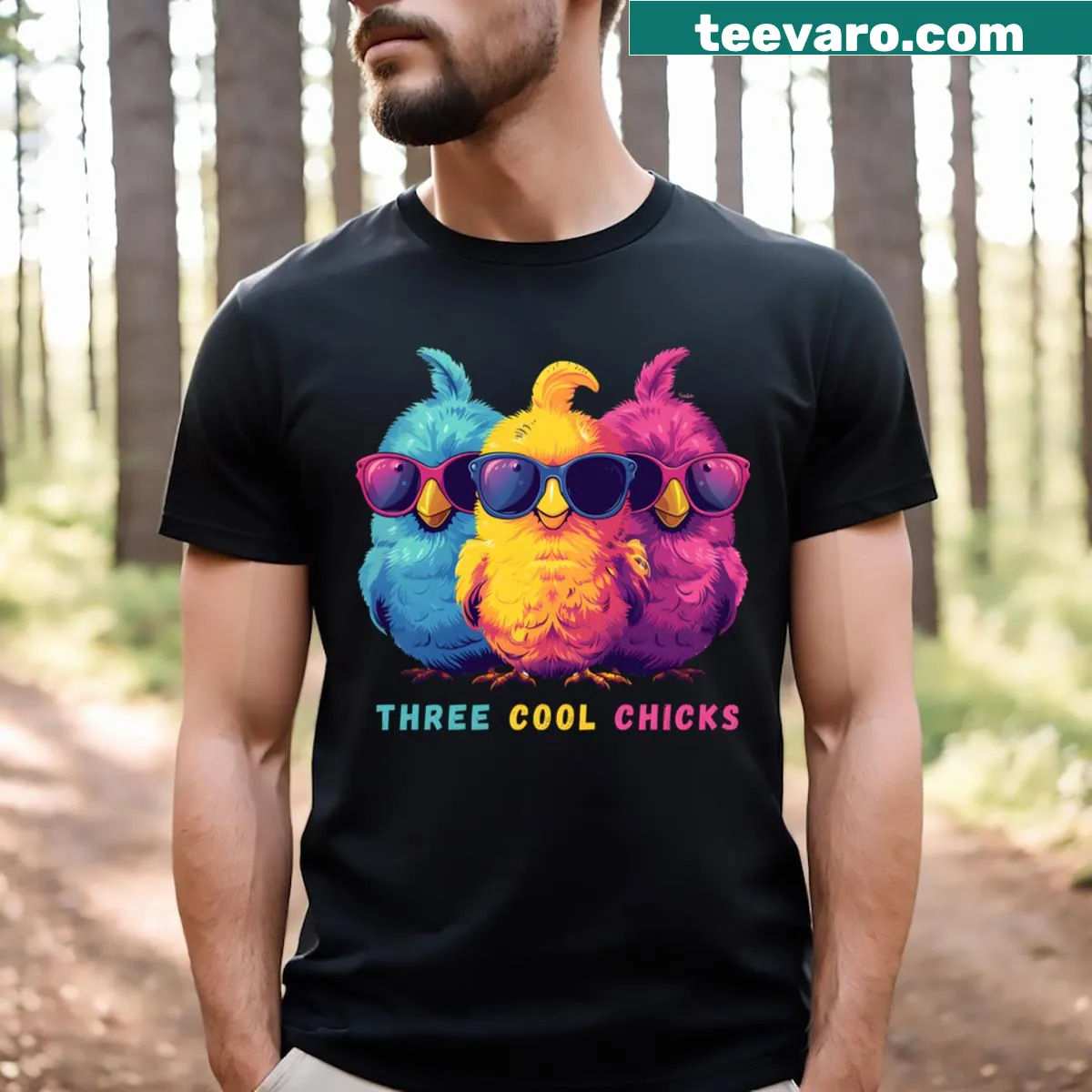 Illustration of three cool chicks representing friendship — on a men's t-shirt
