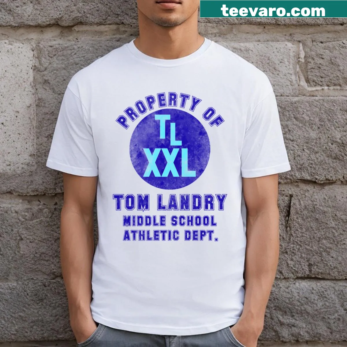 Tom Landry Middle School T-shirt with school branding — on a men's t-shirt