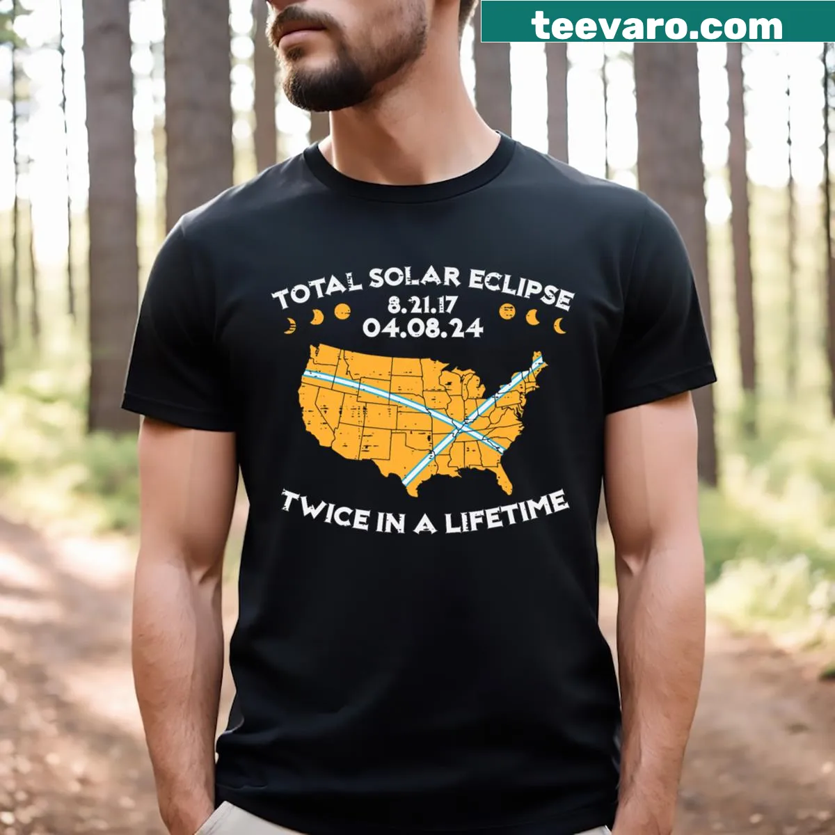 T-shirt commemorating two solar eclipses with date graphics — on a men's t-shirt