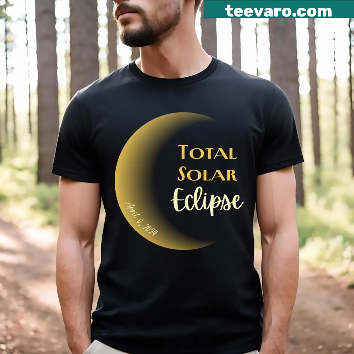 Minimalist typography T-shirt featuring the April 8, 2024 total solar eclipse date. — on a men's t-shirt