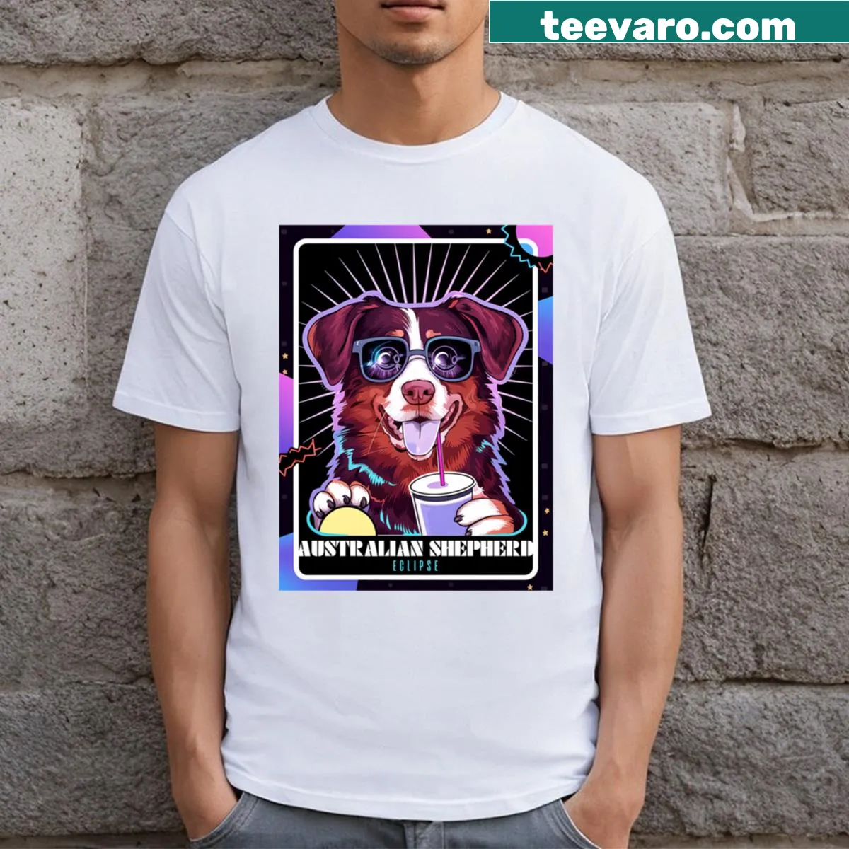 Funny T-shirt featuring an Australian Shepherd in a total solar eclipse design. — on a men's t-shirt