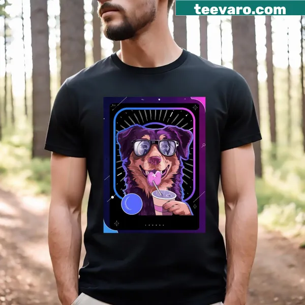 Playful T-shirt featuring a funny Australian Shepherd design during a total solar eclipse.