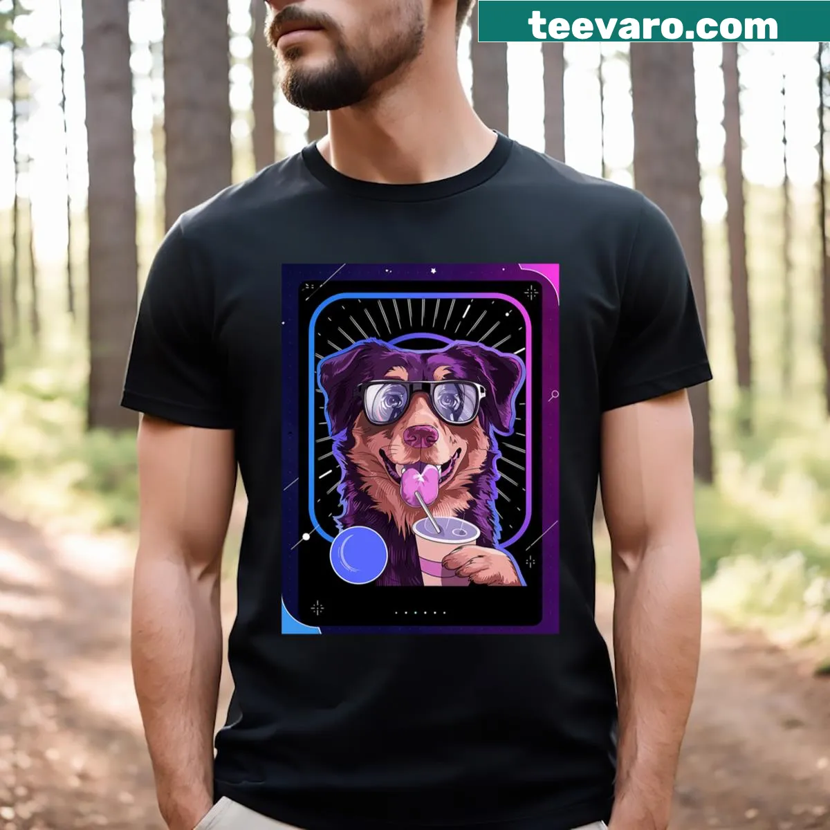 Playful T-shirt featuring a funny Australian Shepherd design during a total solar eclipse. — on a men's t-shirt