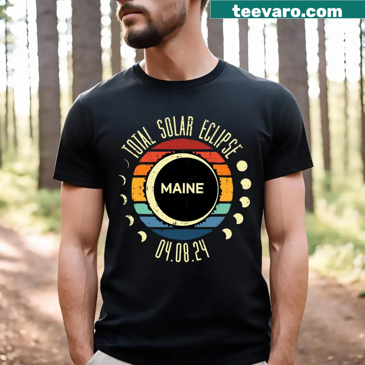 Vintage-style T-shirt celebrating the total solar eclipse in Maine with nostalgic graphics. — on a men's t-shirt