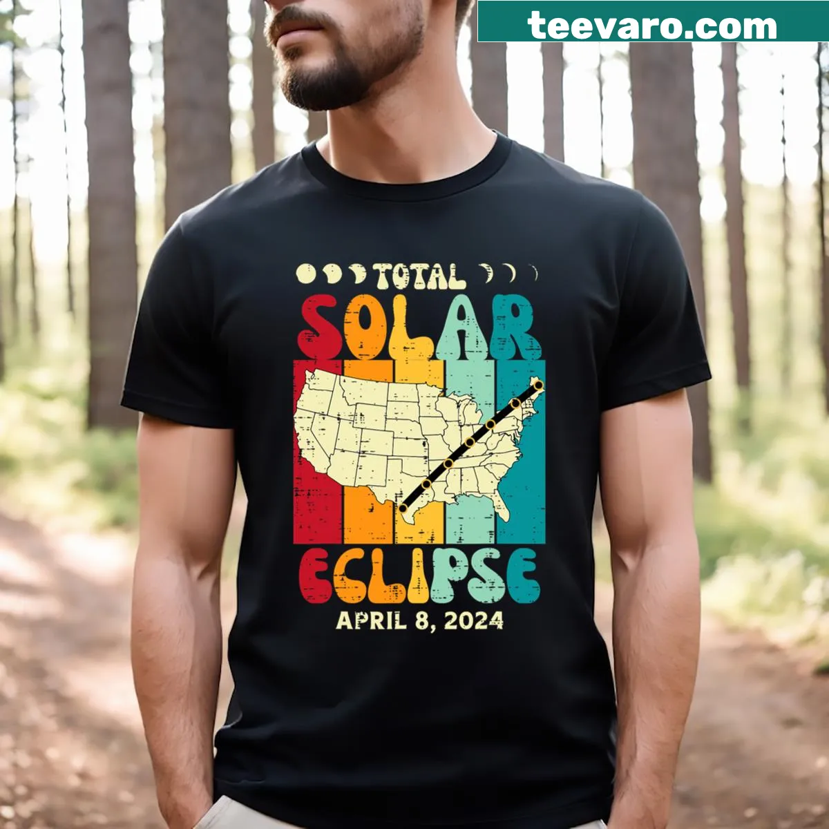 Retro t-shirt featuring a USA map for the April 8, 2024 solar eclipse — on a men's t-shirt