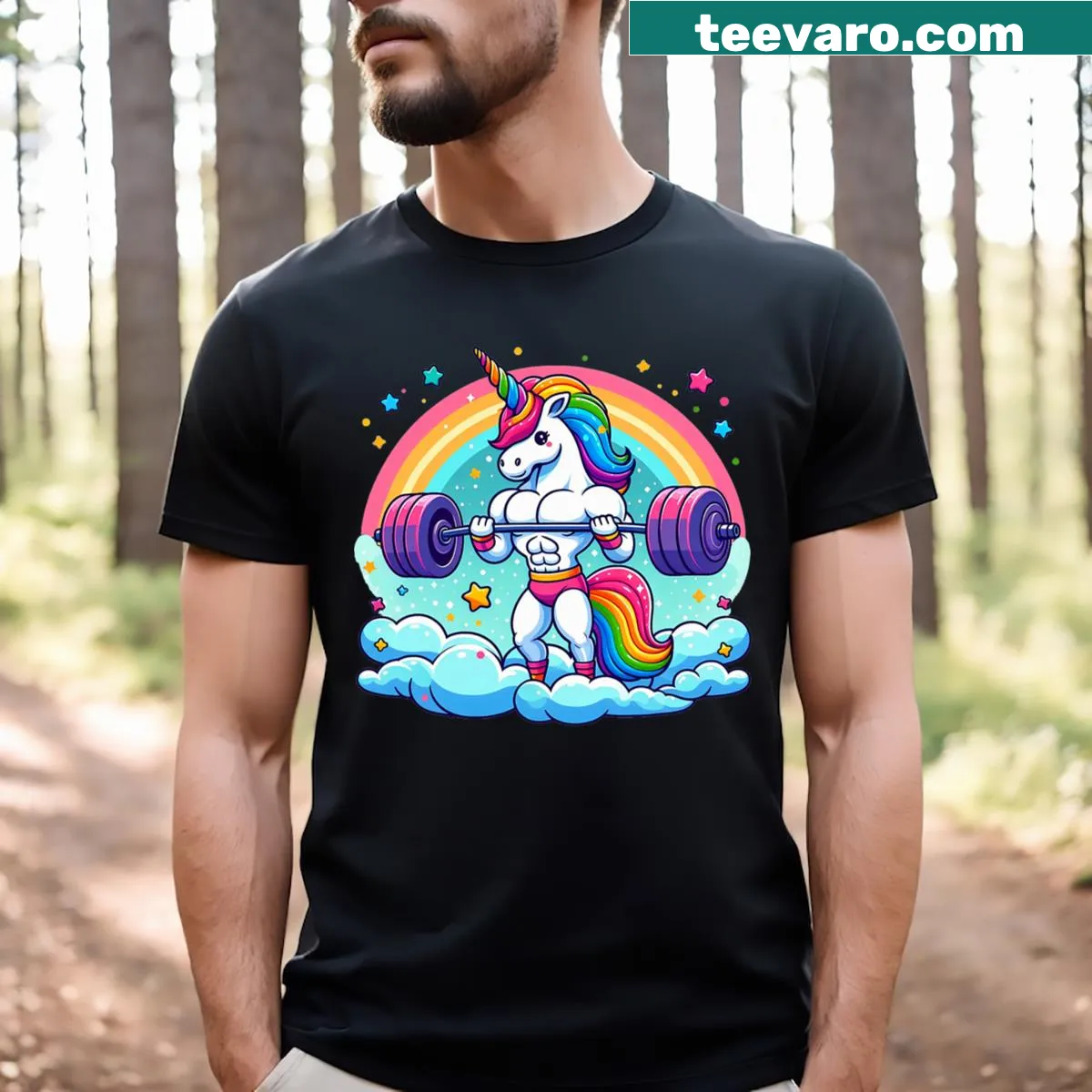Fun unicorn illustration lifting weights on fitness t-shirt — on a men's t-shirt