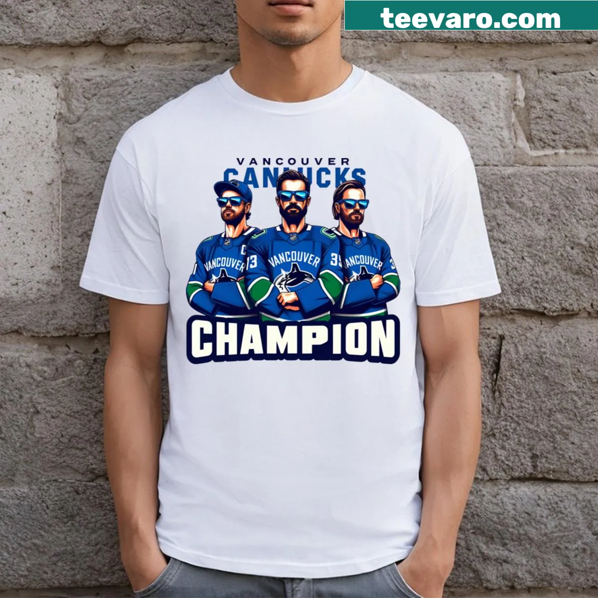 Vancouver Canucks Champion T-shirt with bold team logo — on a men's t-shirt
