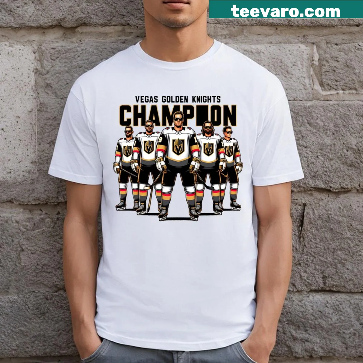 Vegas Golden Knights logo on a champion T-shirt — on a men's t-shirt