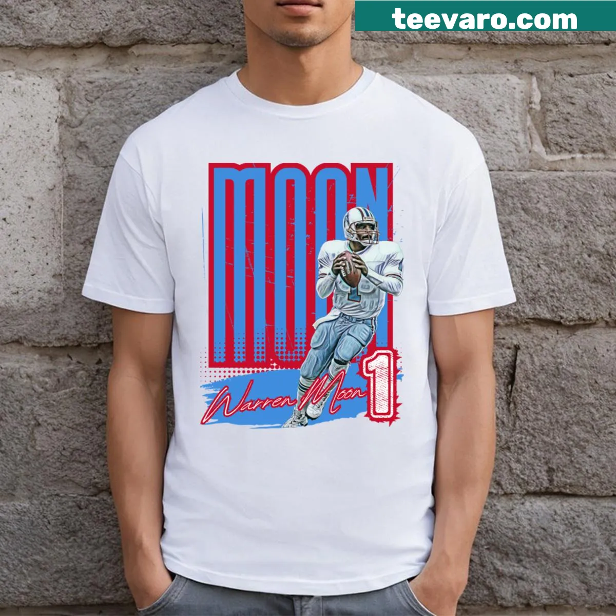 Warren Moon T-shirt featuring a bold graphic and text honoring the quarterback — on a men's t-shirt