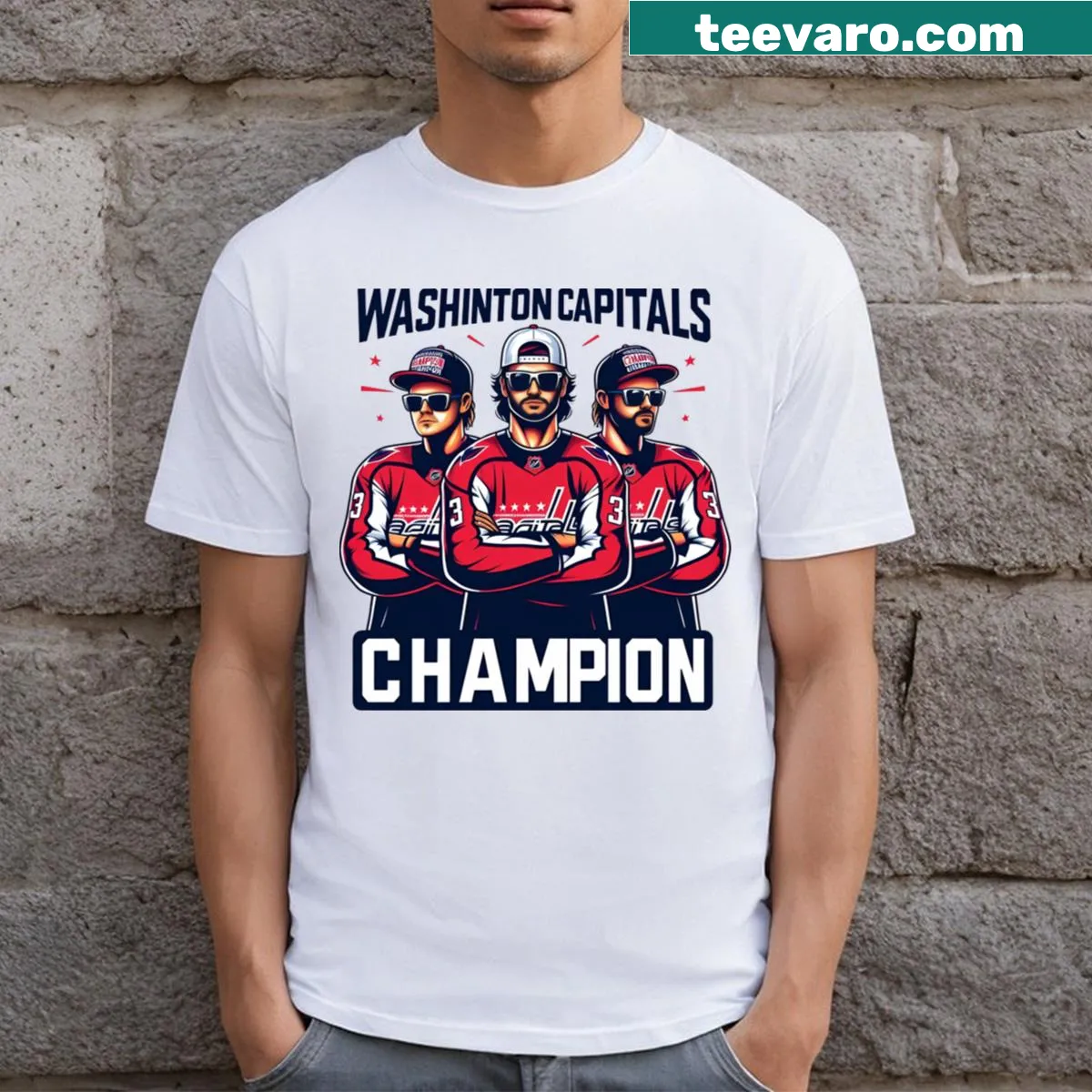 Washington Capitals Champion T-shirt with team logo and triumphant text — on a men's t-shirt