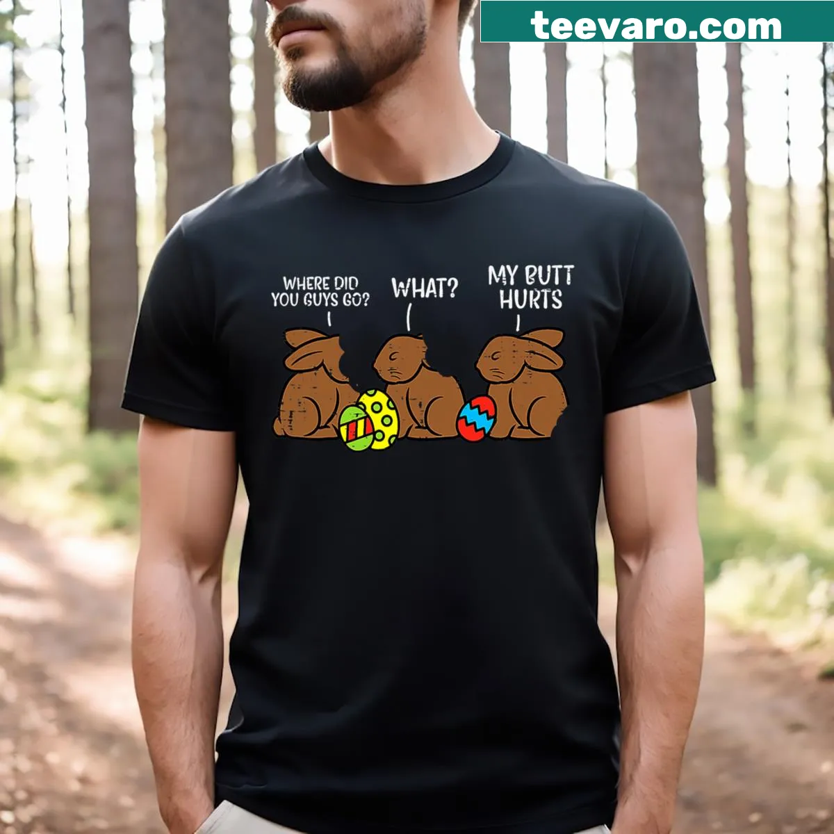 Funny Easter Kids T-shirt with whimsical chocolate bunny graphics — on a men's t-shirt