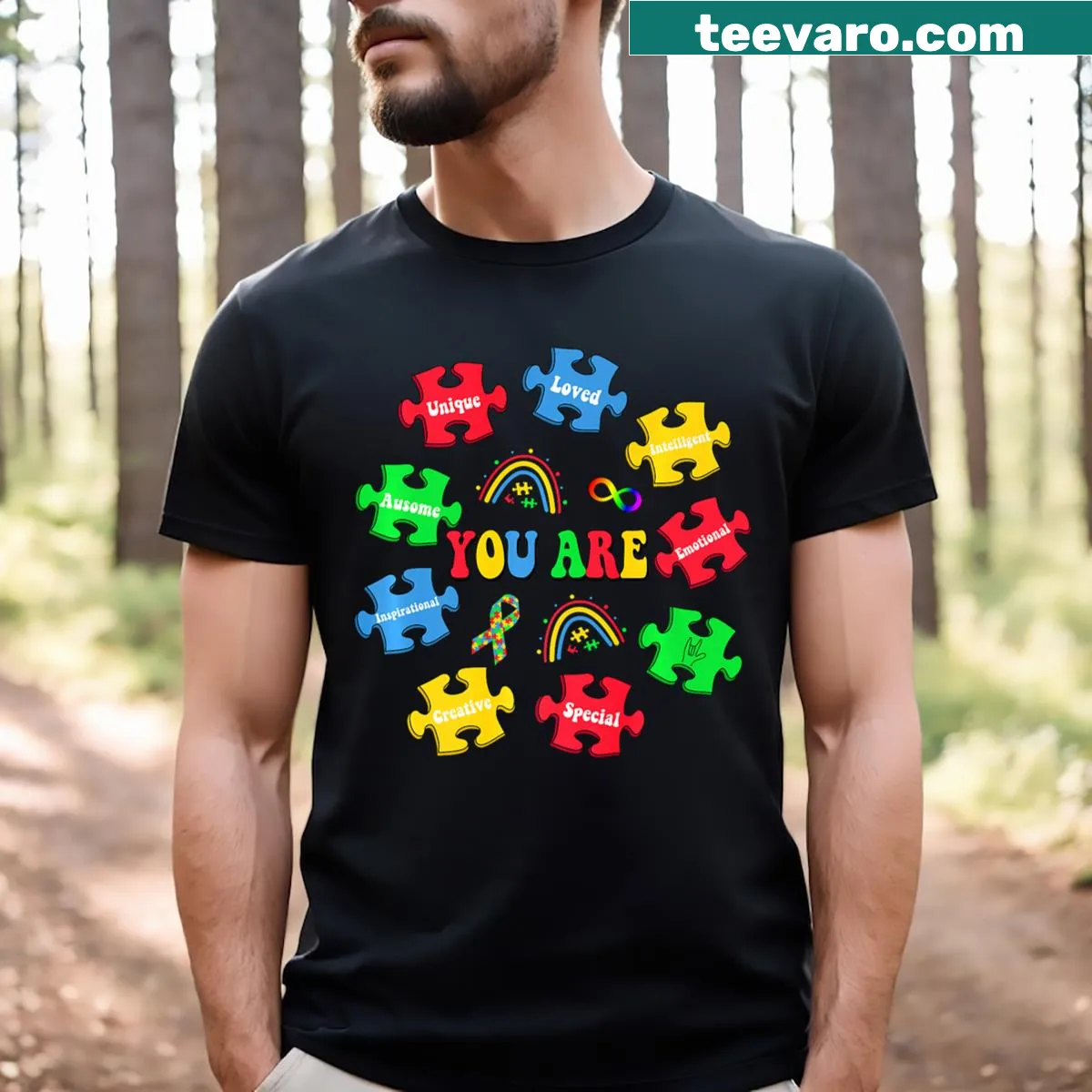 T-shirt featuring rainbow puzzles and text 'You Are Awesome' for autism awareness — on a men's t-shirt
