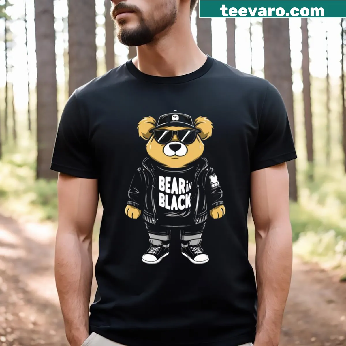 Teddy bear in sunglasses and black clothes with inscription on T-shirt — on a men's t-shirt