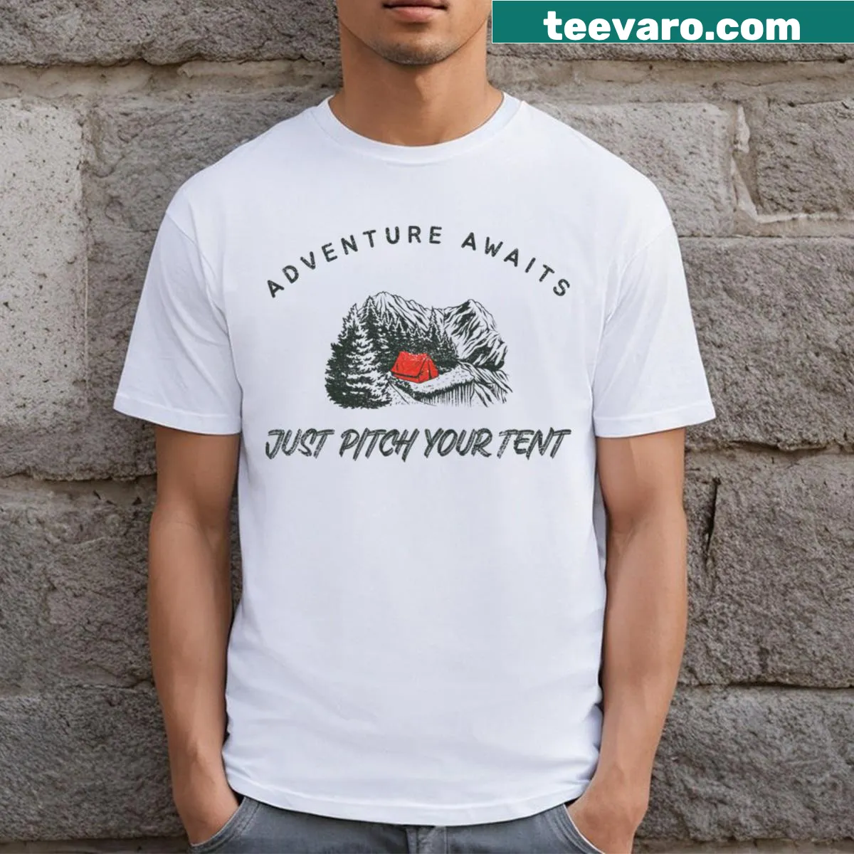T-shirt with the phrase 'Adventure Awaits Just Pitch Your Tent' — on a men's t-shirt