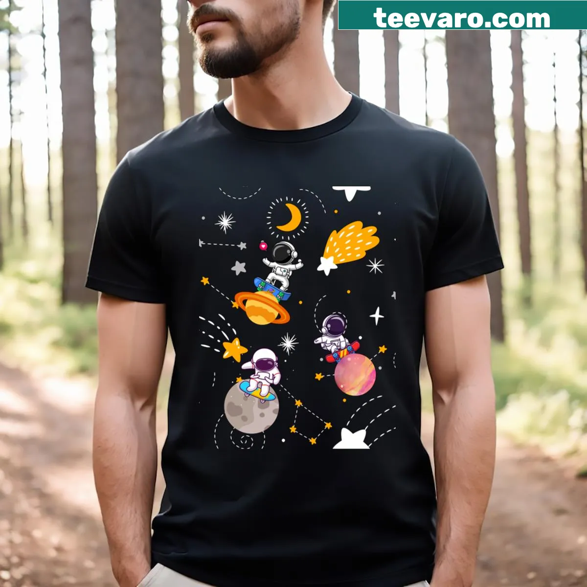 Cartoon-style T-shirt featuring an astronaut and planets — on a men's t-shirt