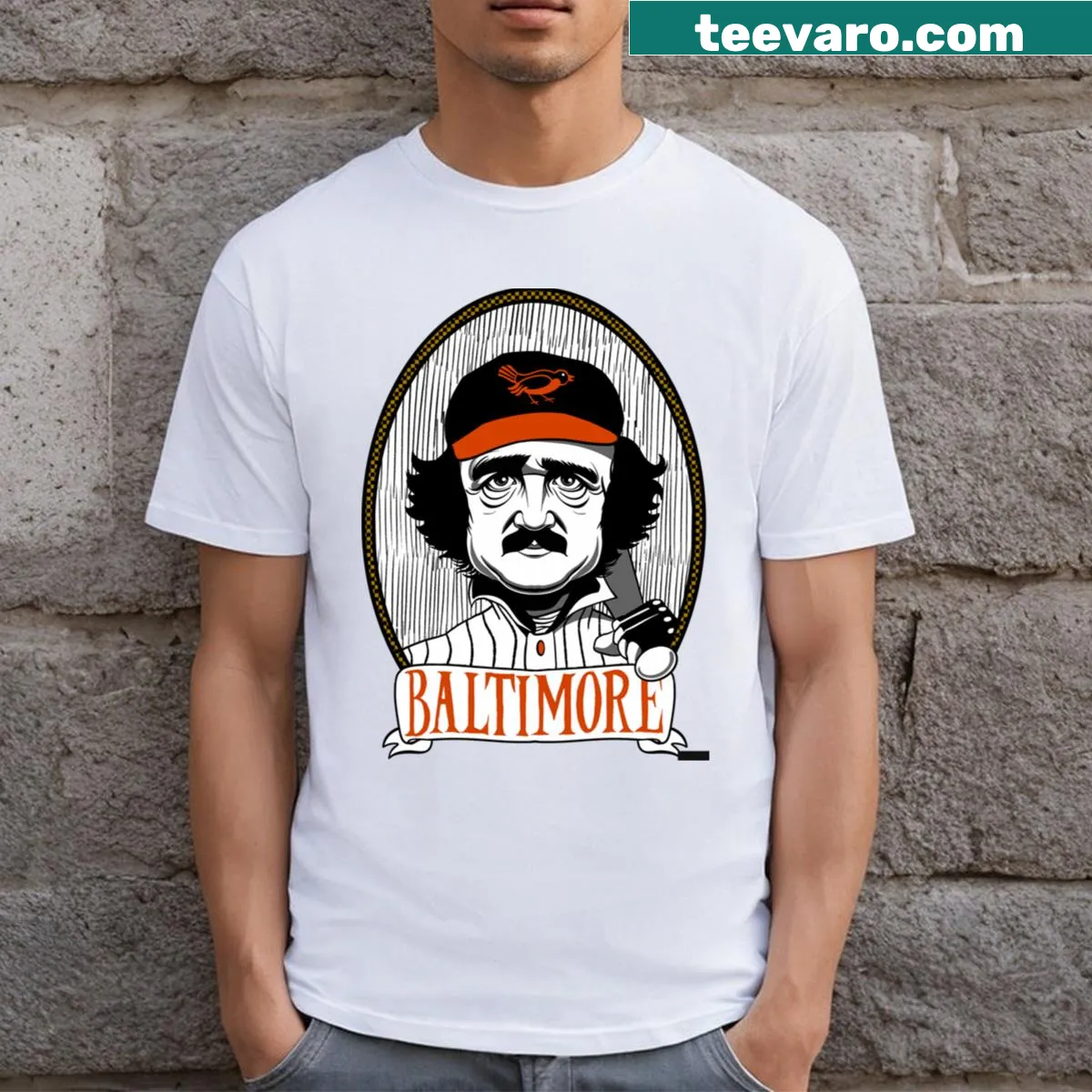 Edgar Allan Poe themed Orioles baseball t-shirt with clever typography — on a men's t-shirt