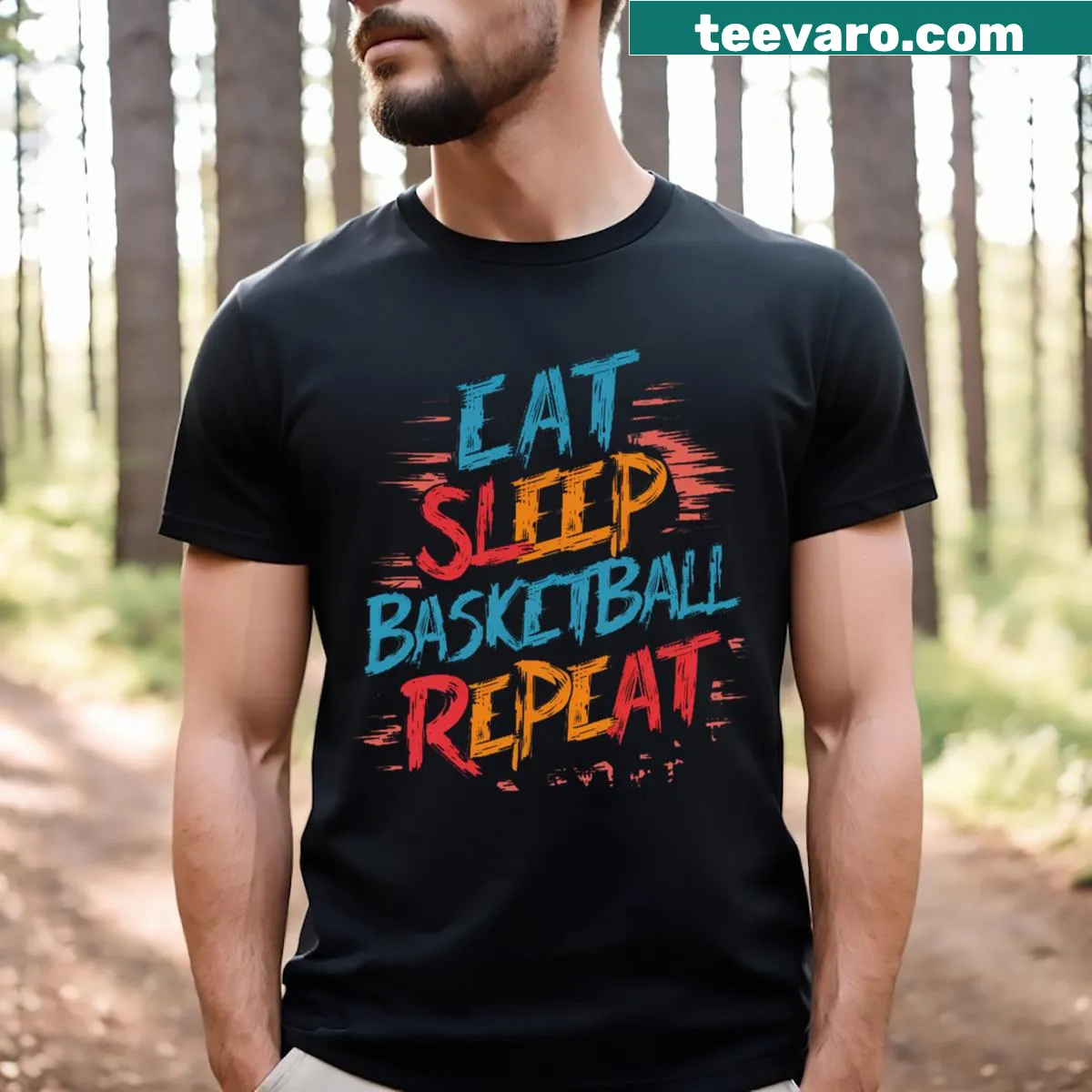 Basketball T-shirt with 'Eat Sleep Basketball Repeat' text design — on a men's t-shirt
