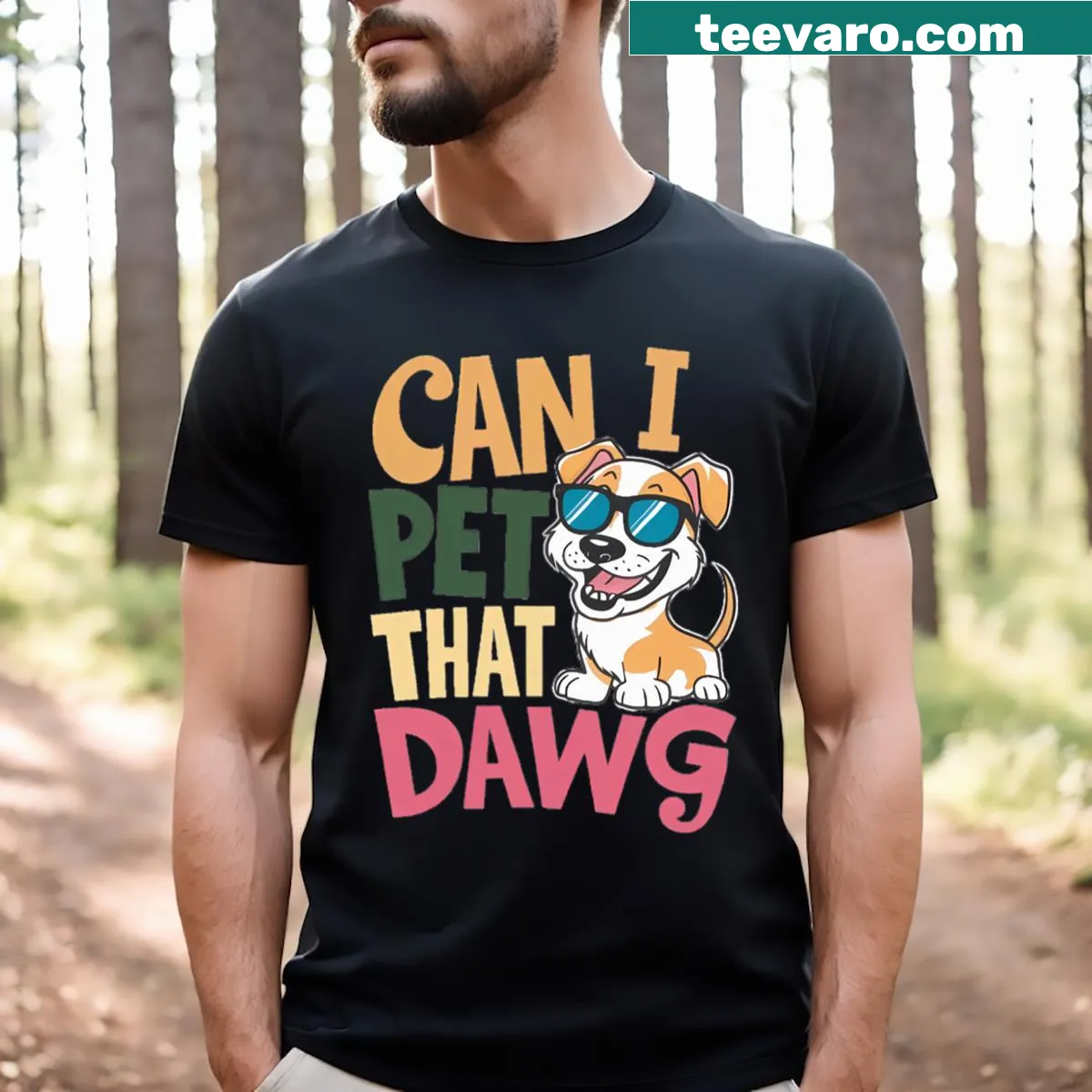 Illustration of a dog with text 'Can I Pet That Dawg' — on a men's t-shirt