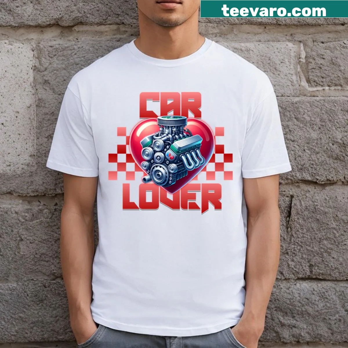 T-shirt with a heart-shaped engine graphic for car lovers — on a men's t-shirt