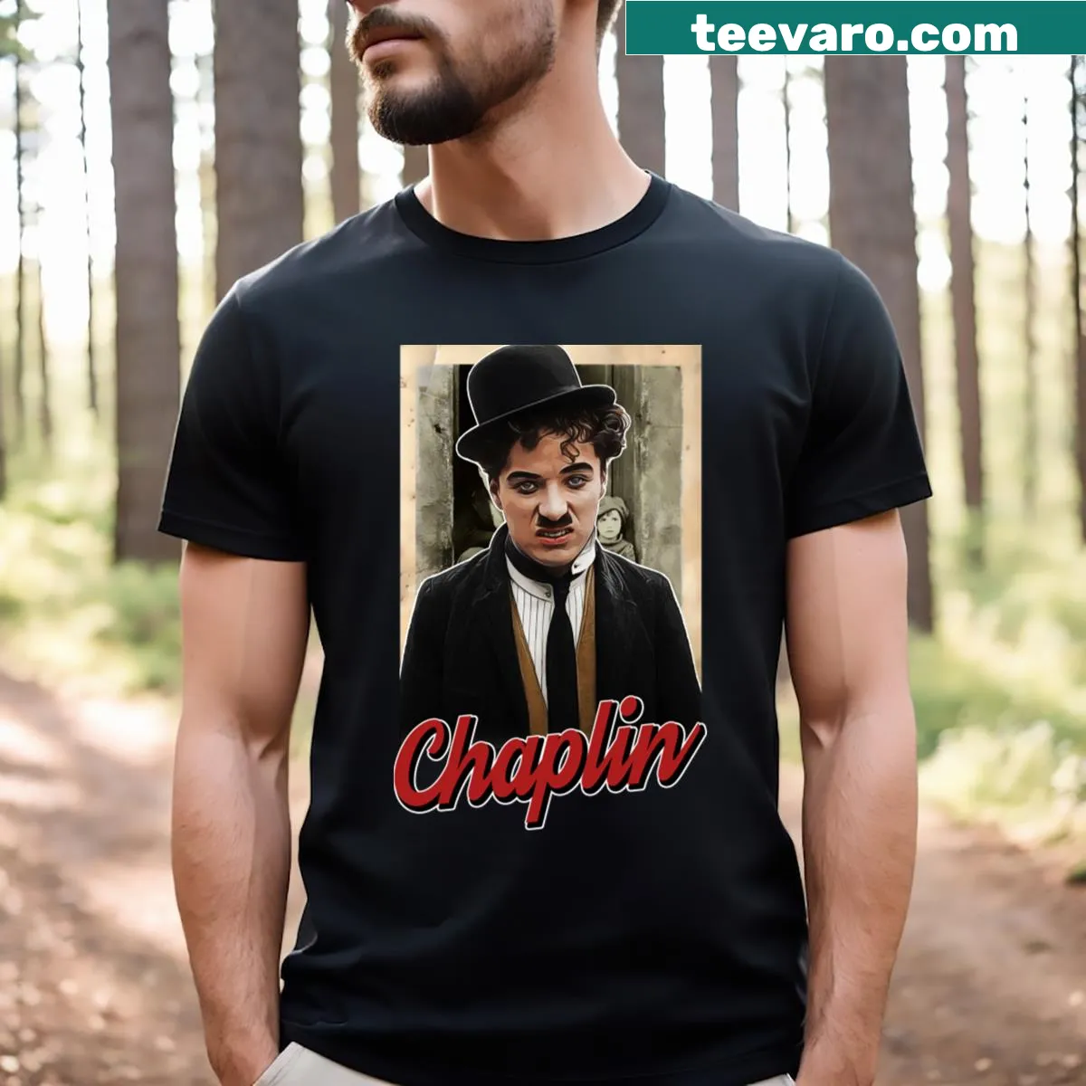 Vintage-inspired Charlie Chaplin t-shirt with classic imagery — on a men's t-shirt