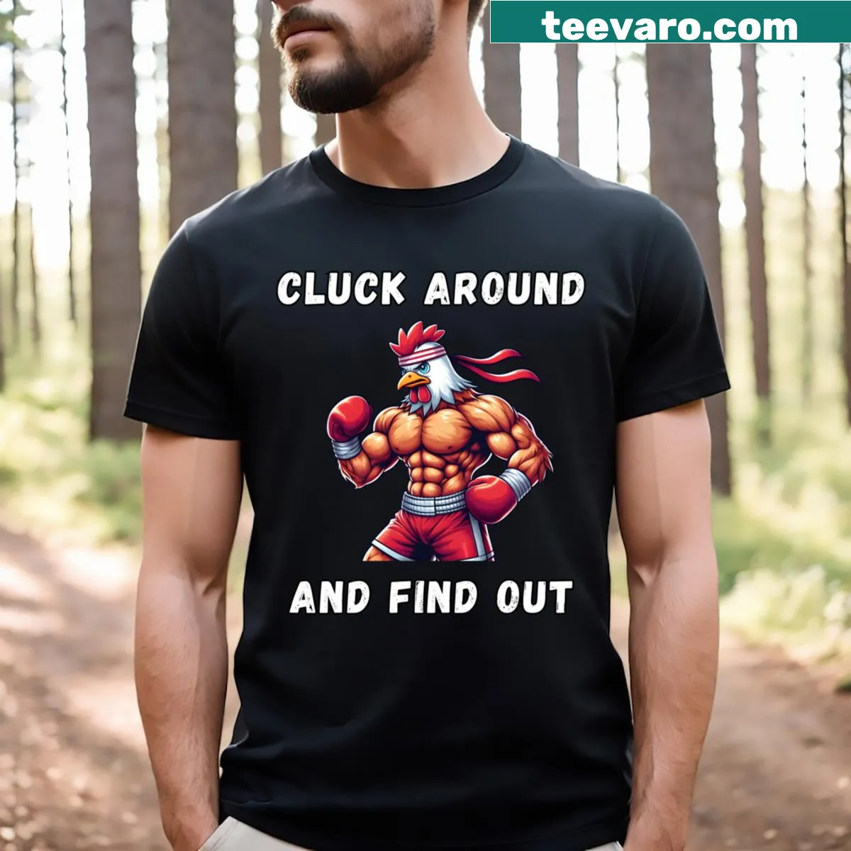 Funny anime chicken boxer graphic on gym workout t-shirt — on a men's t-shirt