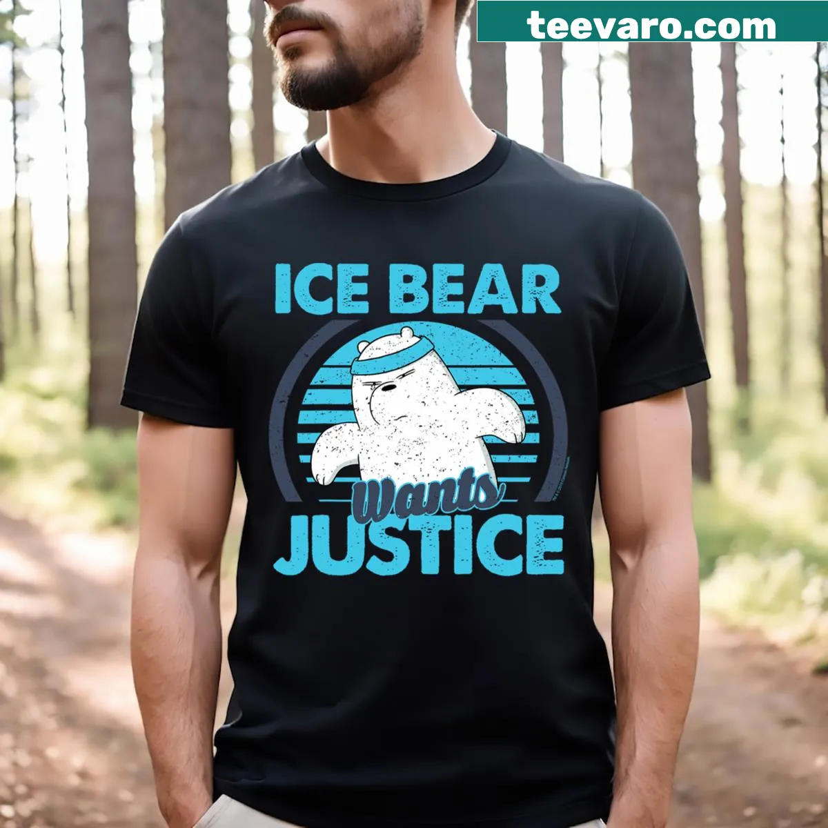 Ice Bear from We Bare Bears demanding justice graphic on t-shirt — on a men's t-shirt